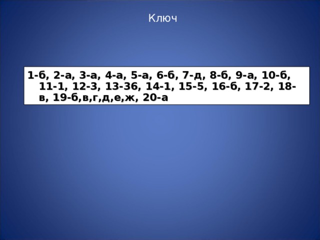 Ключ 1-б, 2-а, 3-а, 4-а, 5-а, 6-б, 7-д, 8-б, 9-а, 10-б, 11-1, 12-3, 13-36, 14-1, 15-5, 16-б, 17-2, 18-в, 19-б,в,г,д,е,ж, 20-а  