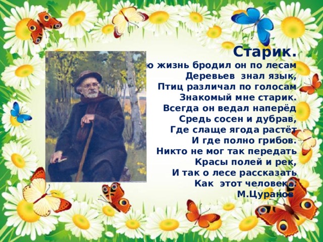 Старик. Всю жизнь бродил он по лесам Деревьев знал язык, Птиц различал по голосам Знакомый мне старик. Всегда он ведал наперёд Средь сосен и дубрав, Где слаще ягода растёт И где полно грибов. Никто не мог так передать Красы полей и рек, И так о лесе рассказать Как этот человек… М.Цуранов 