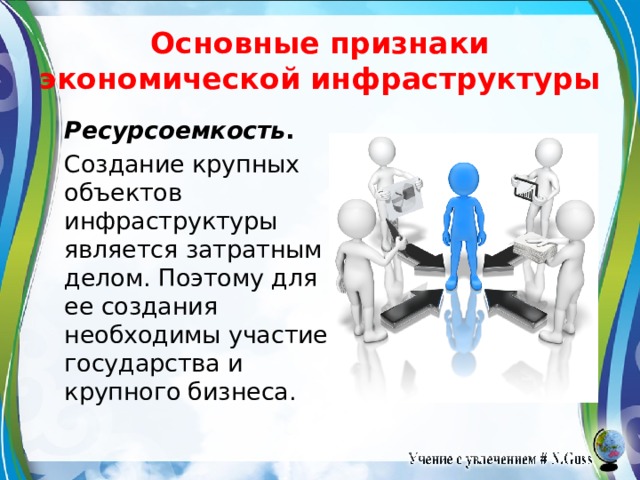 Основные признаки экономической инфраструктуры Ресурсоемкость . Создание крупных объектов инфраструктуры является затратным делом. Поэтому для ее создания необходимы участие государства и крупного бизнеса. 