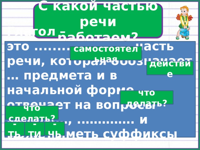 С какой частью речи работаем? Глагол – это ..................... часть речи, которая обозначает … предмета и в начальной форме отвечает на вопросы ……………, .…………. и может иметь суффиксы ….., ….., ….. самостоятельная действие что делать? что сделать? -ЧЬ -ТЬ -ТИ 