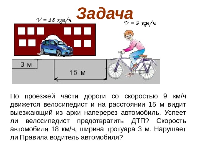 Задача По проезжей части дороги со скоростью 9 км/ч движется велосипедист и на расстоянии 15 м видит выезжающий из арки наперерез автомобиль. Успеет ли велосипедист предотвратить ДТП? Скорость автомобиля 18 км/ч, ширина тротуара 3 м. Нарушает ли Правила водитель автомобиля? 