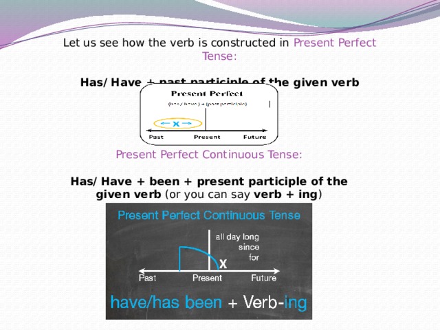 Let us see how the verb is constructed in Present Perfect Tense: Has/ Have + past participle of the given verb Present Perfect Continuous Tense: Has/ Have + been + present participle of the given verb (or you can say verb + ing ) 