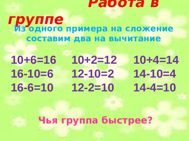  Работа в группе  Из одного примера на сложение составим два на вычитание  10+6=16 10+2=12 10+4=14 14-10=4 12-10=2 16-10=6 14-4=10 12-2=10 16-6=10    Чья группа быстрее? 