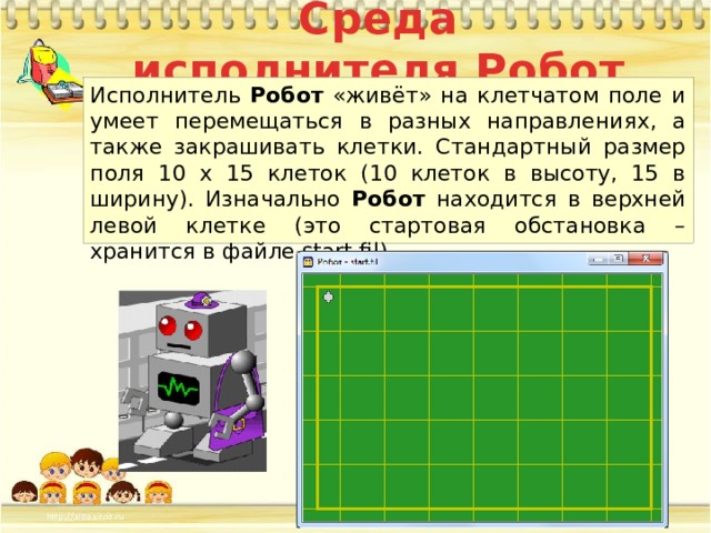 Среда исполнителя Робот Исполнитель Робот «живёт» на клетчатом поле и умеет перемещаться в разных направлениях, а также закрашивать клетки. Стандартный размер поля 10 х 15 клеток (10 клеток в высоту, 15 в ширину). Изначально Робот находится в верхней левой клетке (это стартовая обстановка – хранится в файле start.fil) 