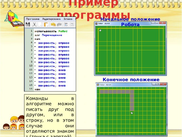 Пример программы Начальное положение Робота Конечное положение Робота Команды в алгоритме можно писать друг под другом, или в строку, но в этом случае они отделяются знаком ; (точка с запятой). 