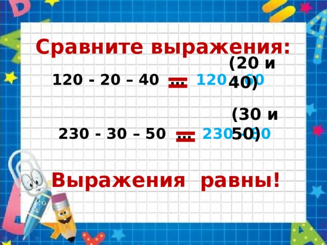 Сравните выражения: (20 и 40) = 120 - 20 – 40 … 120 - 60 (30 и 50) = 230 - 30 – 50 … 230 - 80 Выражения равны! 