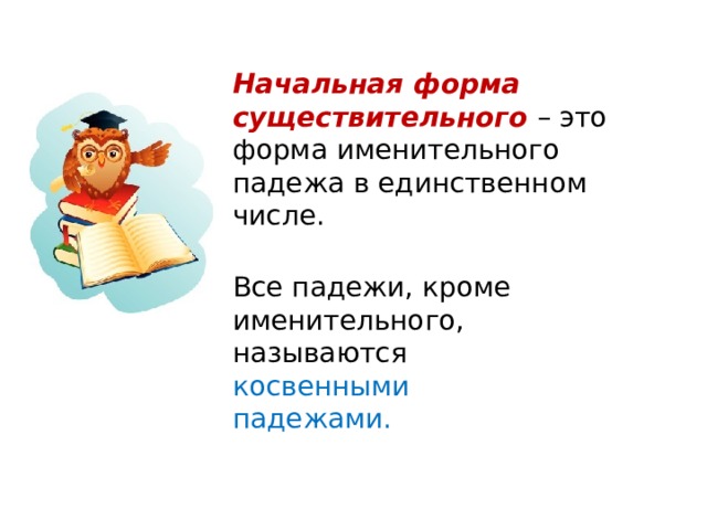 Начальная форма существительного – это форма именительного падежа в единственном числе. Все падежи, кроме именительного, называются косвенными падежами.  