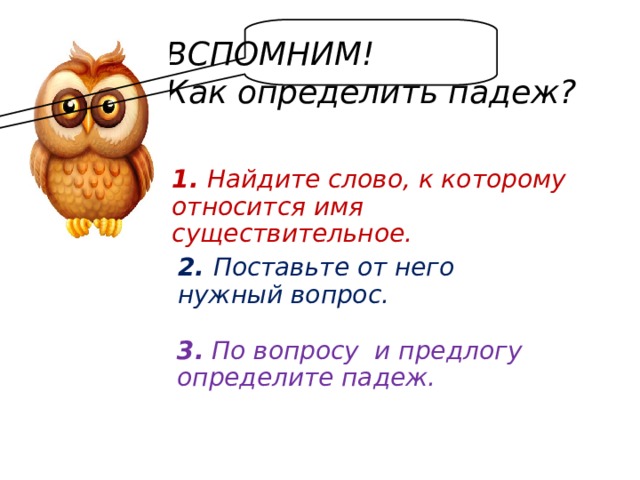 ВСПОМНИМ! Как определить падеж? 1. Найдите слово, к которому относится имя существительное. 2. Поставьте от него нужный вопрос. 3.  По вопросу и предлогу определите падеж.  