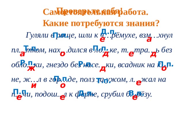 Проверьте себя! Самостоятельная работа. Какие потребуются знания? Д.п .  Гуляли в роще, шли к ч…рёмухе, взм…хнул пл…тком, нах…дился в ло…ке, т…тра…ь без обло…ки, гнездо без насе…ки, всадник на к…не, ж…л в гор…де, полз за ужом, л…жал на п…чи, подош...л к ферме, срубил б...рёзу. П.п . е а Т.п . П.п . д а е д о Р.п . П.п . Р.п . д ж о П.п . Т.п . е и о П.п . Д.п . В.п . е е е 21 