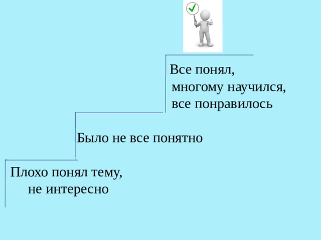  Все понял,  многому научился,  все понравилось   Было не все понятно  Плохо понял тему,  не интересно 