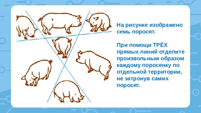    На рисунке изображено семь поросят.   При помощи ТРЁХ прямых линий отделите произвольным образом каждому поросенку по отдельной территории, не затронув самих поросят.   