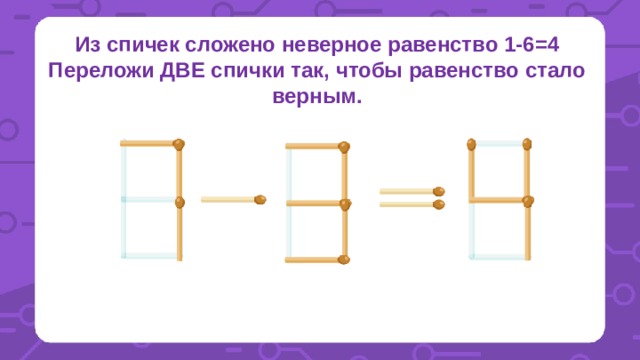 Из спичек сложено неверное равенство 1-6=4 Переложи ДВЕ спички так, чтобы равенство стало верным. 