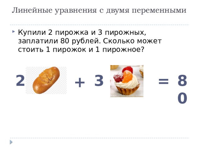 Линейные уравнения с двумя переменными   Купили 2 пирожка и 3 пирожных, заплатили 80 рублей. Сколько может стоить 1 пирожок и 1 пирожное? 2 3 80 = + 