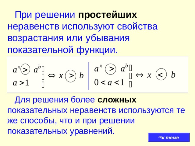  При решении простейших неравенств используют свойства возрастания или убывания показательной функции.  Для решения более сложных показательных неравенств используются те же способы, что и при решении показательных уравнений.   к теме 