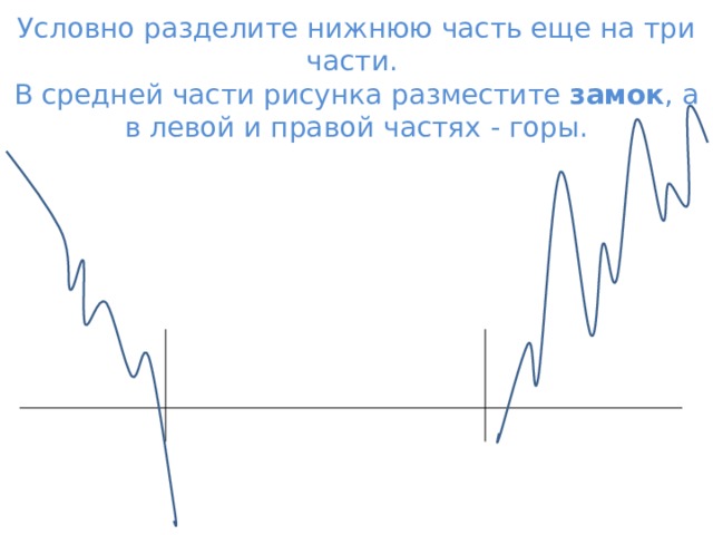 Условно разделите нижнюю часть еще на три части.  В средней части рисунка разместите  замок , а в левой и правой частях - горы. 