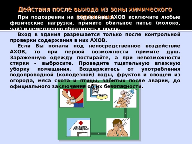 При невозможности покинуть зону заражения Остаться в помещении, включить радиоточку и телевизор, ждать сообщений органов управления по делам ГО и ЧС: Плотно закрыть окна и двери, дымоходы, вентиляционные отдушины, отключить кондиционеры и сплит - системы; Входные двери загерметизировать, используя одеяла и любые плотные ткани; Заклеить щели в окнах и стыки рам пленкой, лейкопластырем или обычной бумагой. 