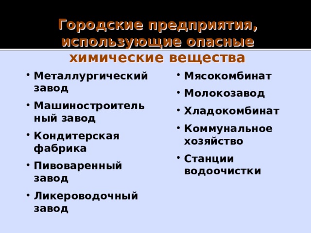 Городские предприятия, использующие опасные химические вещества Металлургический завод Машиностроительный завод Кондитерская фабрика Пивоваренный завод Ликероводочный завод Мясокомбинат Молокозавод Хладокомбинат Коммунальное хозяйство Станции водоочистки 