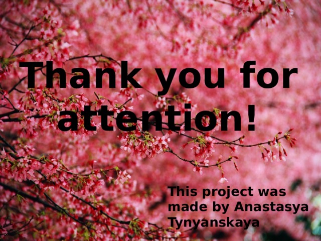 Thank you for attention! This project was made by Anastasya Tynyanskaya 