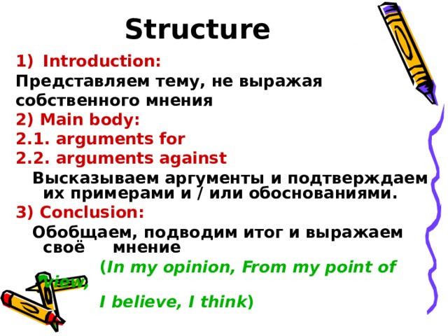 Презентация for and against essay spotlight 9