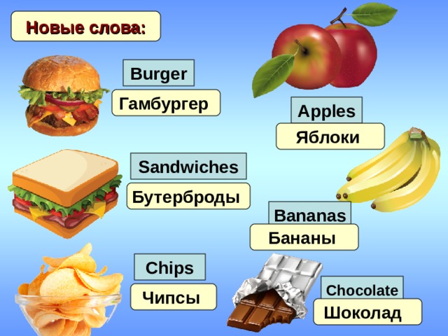 Новые слова: Burger Гамбургер Apples Яблоки Sandwiches Бутерброды Bananas Бананы Chips Chocolate Чипсы Шоколад 