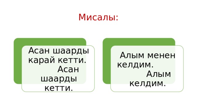 Мисалы: Асан шаарды карай кетти. Асан шаарды кетти. Алым менен келдим. Алым келдим. 