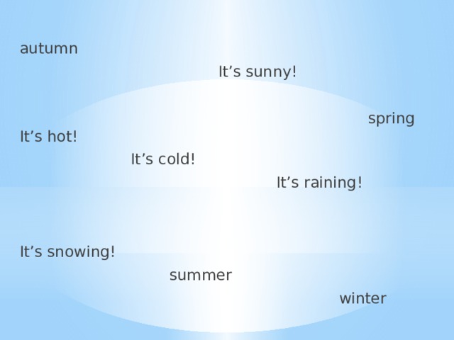 autumn  It ’ s sunny !  spring  It ’ s hot !  It ’ s cold !   It’s raining! It’s snowing!  summer   winter 