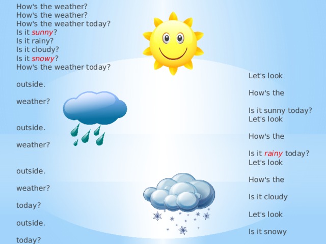 The weather outside is. How is the weather. How is the weather today. How's the weather today. What is the weather like today.