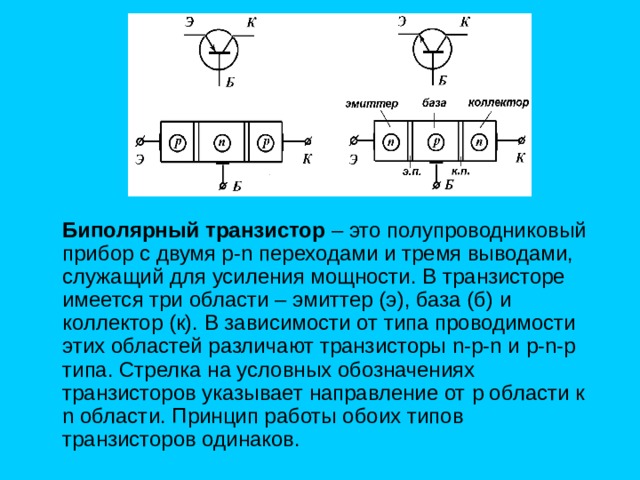     Биполярный транзистор – это полупроводниковый прибор с двумя р- n переходами и тремя выводами, служащий для усиления мощности. В транзисторе имеется три области – эмиттер (э), база (б) и коллектор (к). В зависимости от типа проводимости этих областей различают транзисторы n - p - n и p - n - p типа. Стрелка на условных обозначениях транзисторов указывает направление от p области к n области. Принцип работы обоих типов транзисторов одинаков. 