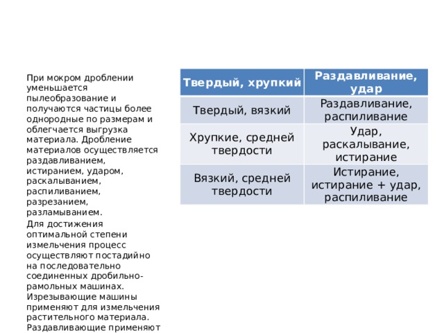 Твердый, хрупкий Раздавливание, удар Твердый, вязкий Раздавливание, распиливание Хрупкие, средней твердости Удар, раскалывание, истирание Вязкий, средней твердости Истирание, истирание + удар, распиливание При мокром дроблении уменьшается пылеобразование и получаются частицы более однородные по размерам и облегчается выгрузка материала. Дробление материалов осуществляется раздавливанием, истиранием, ударом, раскалыванием, распиливанием, разрезанием, разламыванием. Для достижения оптимальной степени измельчения процесс осуществляют постадийно на последовательно соединенных дробильно-рамольных машинах. Изрезывающие машины применяют для измельчения растительного материала. Раздавливающие применяют при крупном и среднем измельчениях, истирание – при тонком измельчении. 