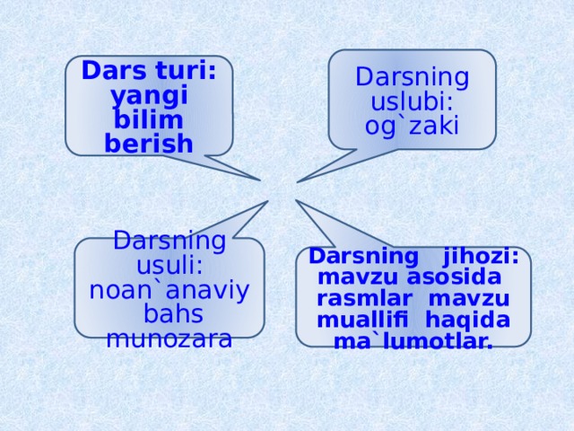 Darsning uslubi: og`zaki Dars turi: yangi bilim berish Darsning  usuli: noan`anaviy  bahs munozara Darsning jihozi: mavzu asosida rasmlar mavzu muallifi haqida ma`lumotlar. 