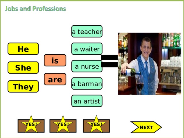 a teacher a waiter He is a nurse She are a barman They an artist YES! YES! YES! NEXT 