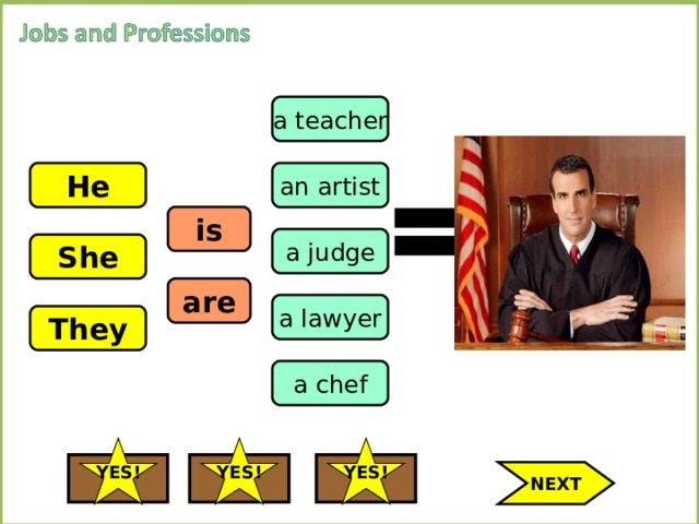 a teacher He an artist is a judge She are a lawyer They a chef YES! YES! YES! NEXT 