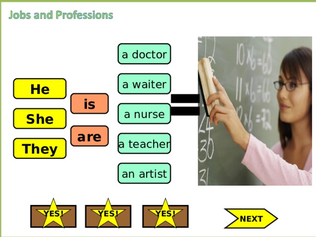 a doctor a waiter He is a nurse She are a teacher They an artist YES! YES! YES! NEXT 