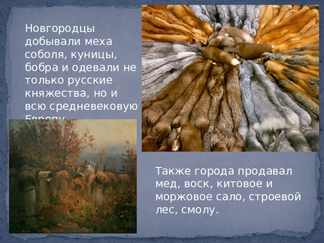 Новгородцы добывали меха соболя, куницы, бобра и одевали не только русские княжества, но и всю средневековую Европу. Также города продавал мед, воск, китовое и моржовое сало, строевой лес, смолу. 
