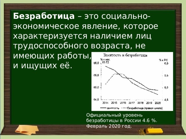 Безработица  – это социально-экономическое явление, которое характеризуется наличием лиц трудоспособного возраста, не имеющих работы, пригодных к ней и ищущих её. Официальный уровень безработицы в России 4.6 %. Февраль 2020 год. 