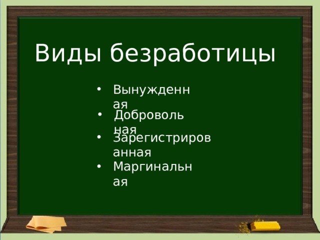 Виды безработицы Вынужденная Добровольная Зарегистрированная Маргинальная 