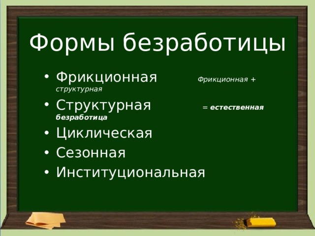 Формы безработицы Фрикционная    Фрикционная + структурная Структурная     =   естественная безработица Циклическая Сезонная Институциональная 