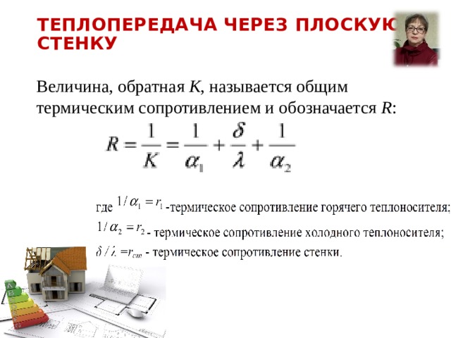 Выражение термического сопротивления теплопередачи через 1 слойную плоскую стенку