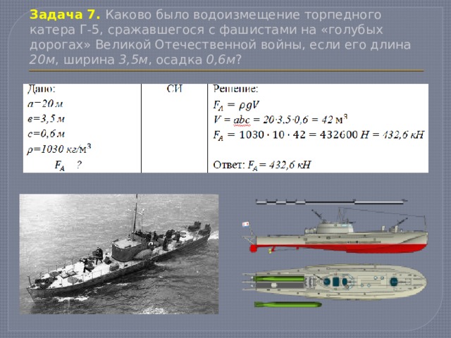 Задача 7. Каково было водоизмещение торпедного катера Г-5, сражавшегося с фашистами на «голубых дорогах» Великой Отечественной войны, если его длина 20м , ширина 3,5м , осадка 0,6м ? 