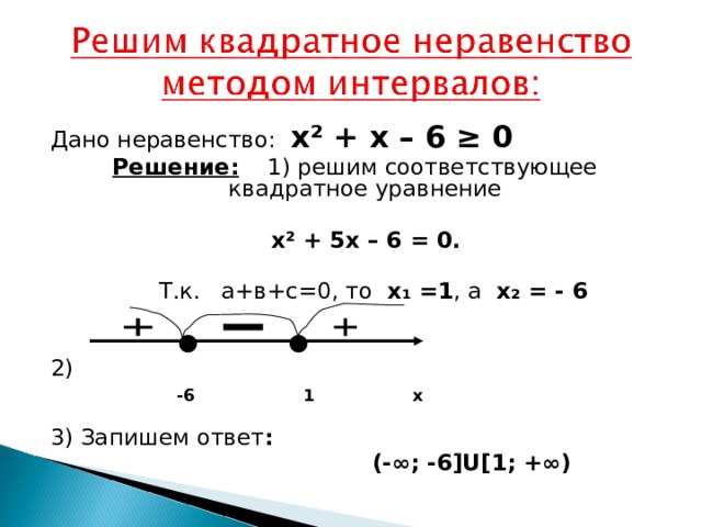 Дано неравенство: х ² + х – 6 ≥ 0 Решение: 1) решим соответствующее квадратное уравнение  х ² + 5х – 6 = 0.   Т.к. а+в+с=0, то х₁ =1 , а х₂ = - 6 2)   -6 1 х 3) Запишем ответ :  (-∞; -6 ]U[ 1; +∞) 