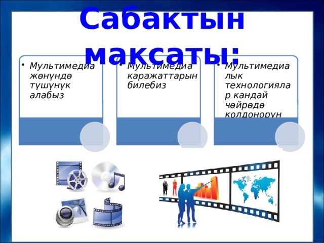 Сабактын максаты: Мультимедиа жөнүндө түшүнүк алабыз Мультимедиа жөнүндө түшүнүк алабыз Мультимедиа каражаттарын билебиз Мультимедиа каражаттарын билебиз Мультимедиалык технологиялар кандай чөйрөдө колдонорун билебиз Мультимедиалык технологиялар кандай чөйрөдө колдонорун билебиз 