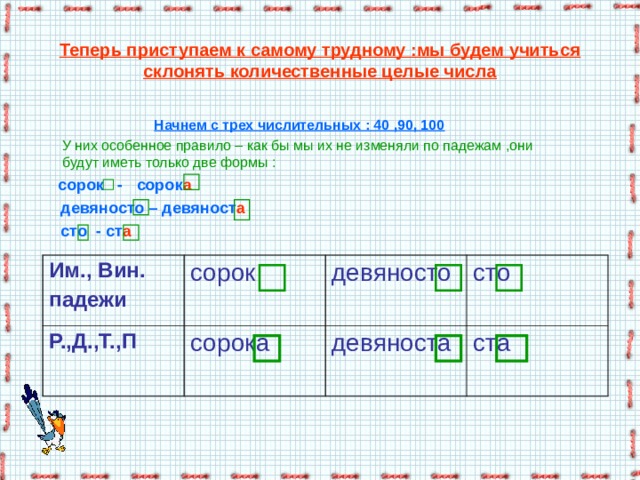 Теперь приступаем к самому трудному :мы будем учиться склонять количественные целые числа Начнем с трех числительных : 40 ,90, 100  У них особенное правило – как бы мы их не изменяли по падежам ,они будут иметь только две формы :  сорок - сорок а  девяносто – девяност а  сто - ст а Им., Вин. падежи Р.,Д.,Т.,П сорок девяносто сорока сто девяноста ста 