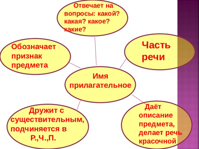  Отвечает на вопросы: какой? какая? какое?  какие? Часть речи Обозначает признак предмета Имя прилагательное  Даёт описание предмета, делает речь красочной  Дружит с существительным, подчиняется в  Р.,Ч.,П. 