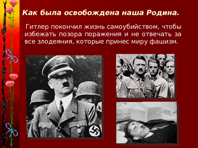 Как была освобождена наша Родина.  Гитлер покончил жизнь самоубийством, чтобы избежать позора поражения и не отвечать за все злодеяния, которые принес миру фашизм.