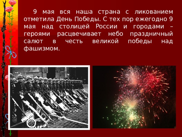 9 мая вся наша страна с ликованием отметила День Победы. С тех пор ежегодно 9 мая над столицей России и городами – героями расцвечивает небо праздничный салют в честь великой победы над фашизмом.
