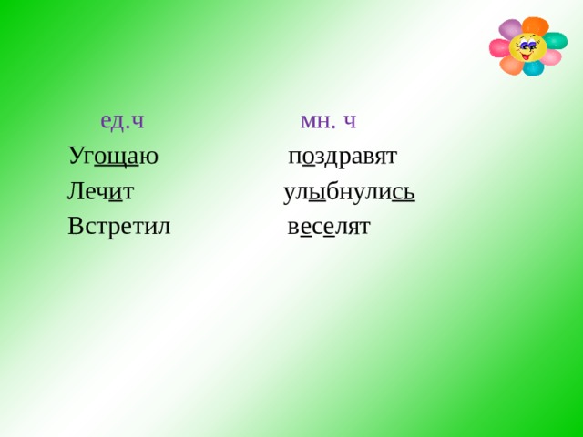  ед.ч  мн. ч  Уг оща ю п о здравят  Леч и т ул ы бнули сь  Встретил в е с е лят 