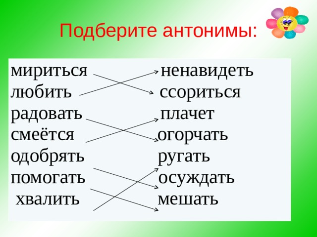 Подберите антонимы: мириться ненавидеть любить ссориться радовать плачет смеётся огорчать одобрять ругать помогать осуждать   хвалить мешать 