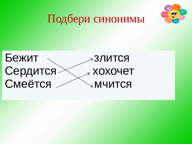 Подбери синонимы Бежит злится Сердится хохочет Смеётся мчится 
