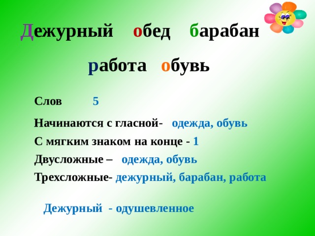 Д ежурный о бед б арабан   р абота о бувь Слов 5 Начинаются с гласной- одежда, обувь С мягким знаком на конце - 1 Двусложные – одежда, обувь Трехсложные- дежурный, барабан, работа  Дежурный - одушевленное  