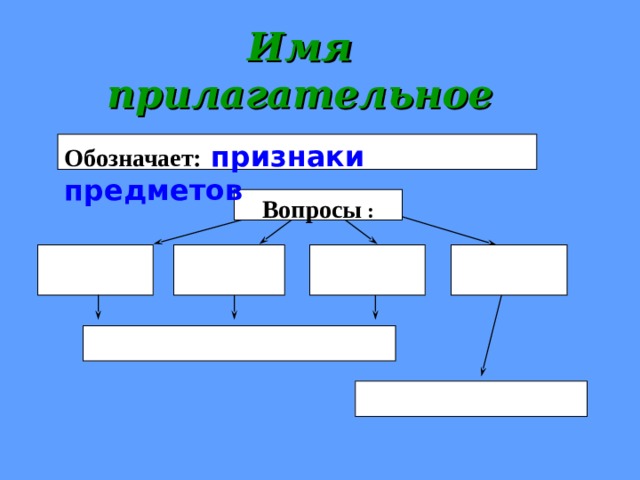 Имя  прилагательное Обозначает:  признаки предметов Вопросы : 